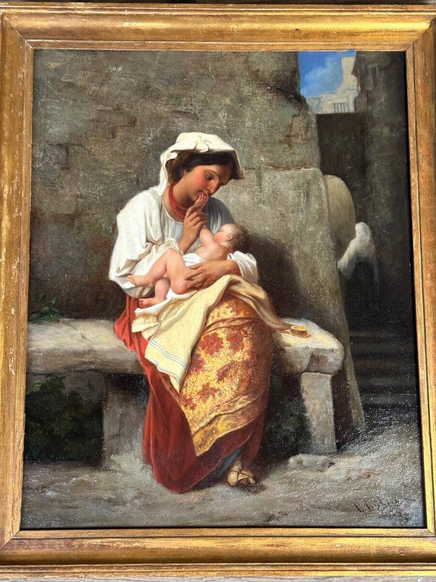 Maternity or Young Peasant Woman and Her Child, Signed C Bühler, Italy 19th C.