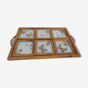 Plateau vintage avec dessous de verre , inclusion de papillons