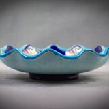 Longwy coupe model Roxane – Floral enamels on a crackled turquoise background