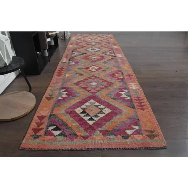 1970s Turkish Oushak Handmade Wool Cotton Pink Runner Rug 94x322