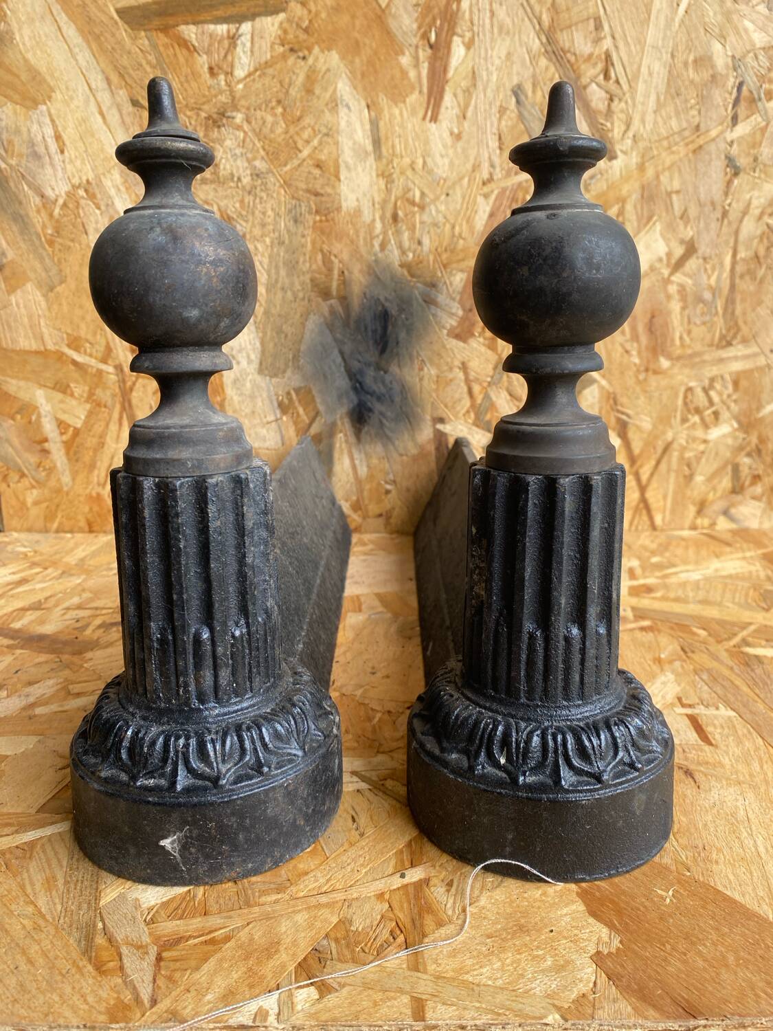 Pair of Napoleon 3 neoclassical cast iron fireplace andirons + brass ball