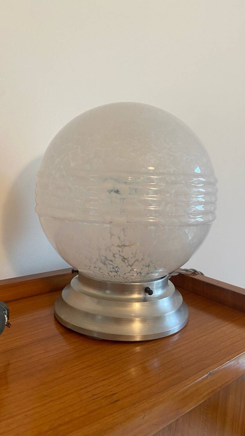Table ball lamp in Clichy glass and Art Deco aluminum base