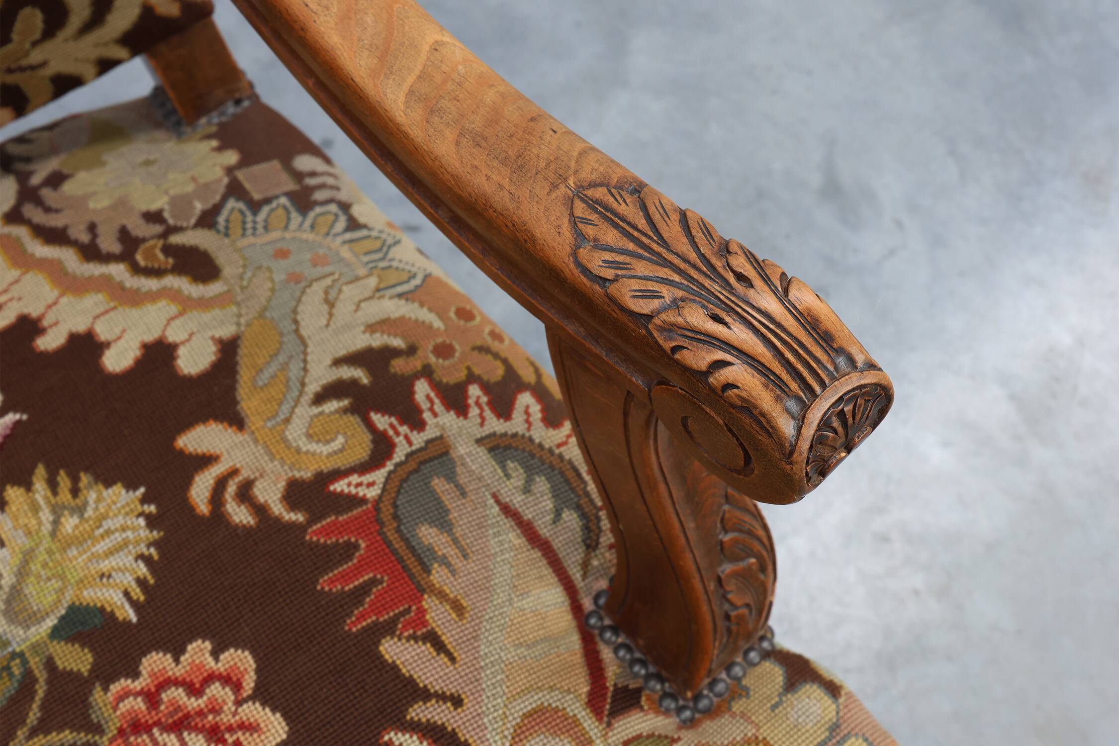 Louis XV Style Carved Walnut Armchair with Needlepoint Upholstery, France