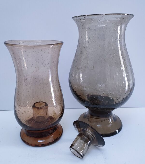 deux bougeoirs photophores verre bullé soufflé bouche