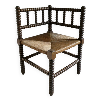Chaise coin de feu en bois massif, paillée