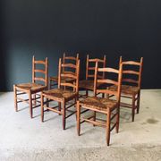 Low rustic ladder back dining chairs in oak and rush, Belgium, 1950s, set of 6.