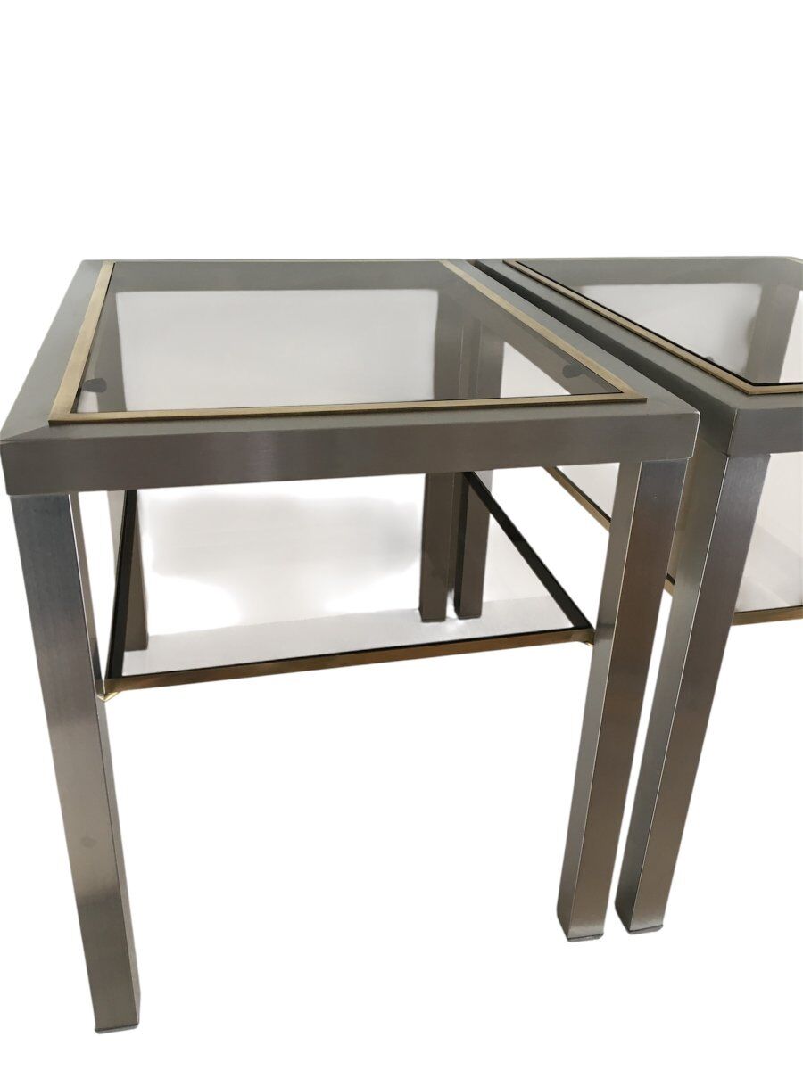Pair of Brushed Steel Side Tables, Smoked Glass by Guy Lefèvre