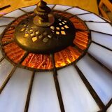 bronze lamp from 1900, solid, inlaid with enamels and glass shade