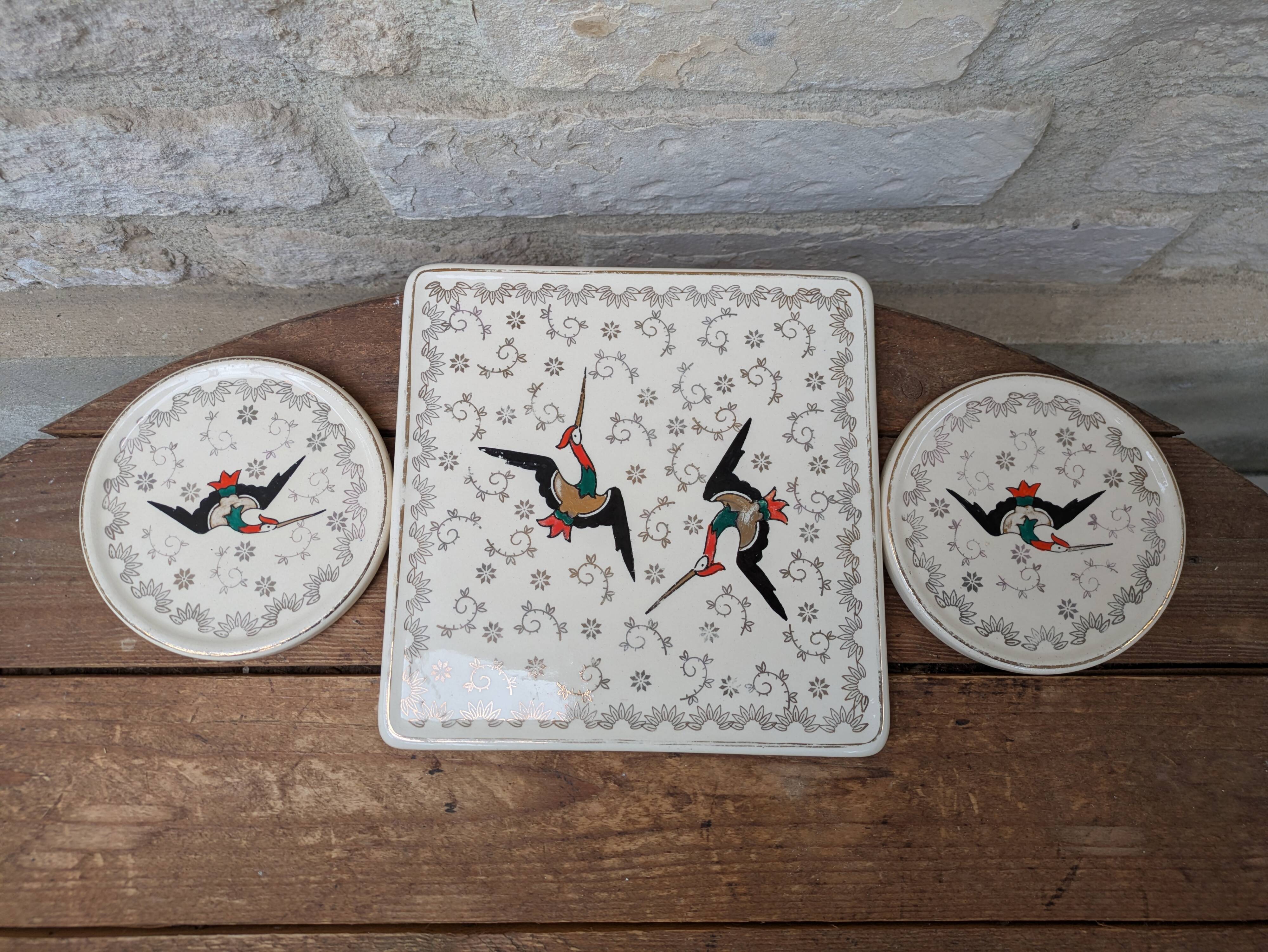 Dessous de plat et 2 dessous de bouteille Longwy modèle Chypre