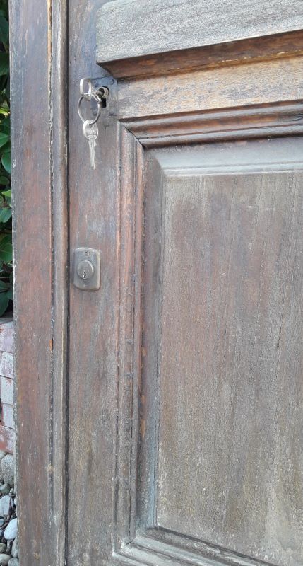 Oak entrance door and its frame and transom, wrought iron gates