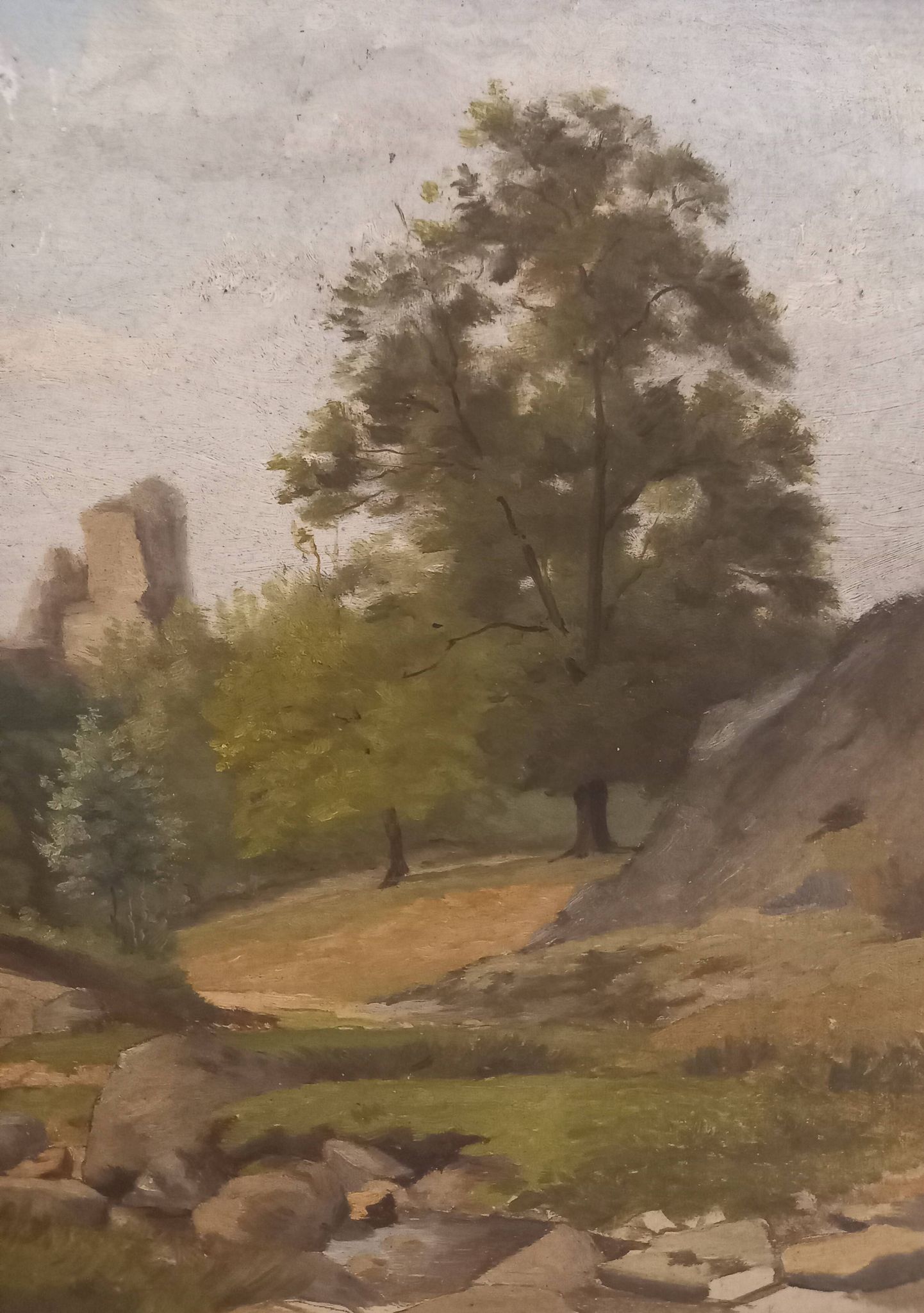 Old painting, oil on wood, rural landscape, small mountain, torrent