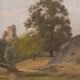 Old painting, oil on wood, rural landscape, small mountain, torrent