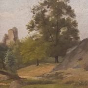 Old painting, oil on wood, rural landscape, small mountain, torrent
