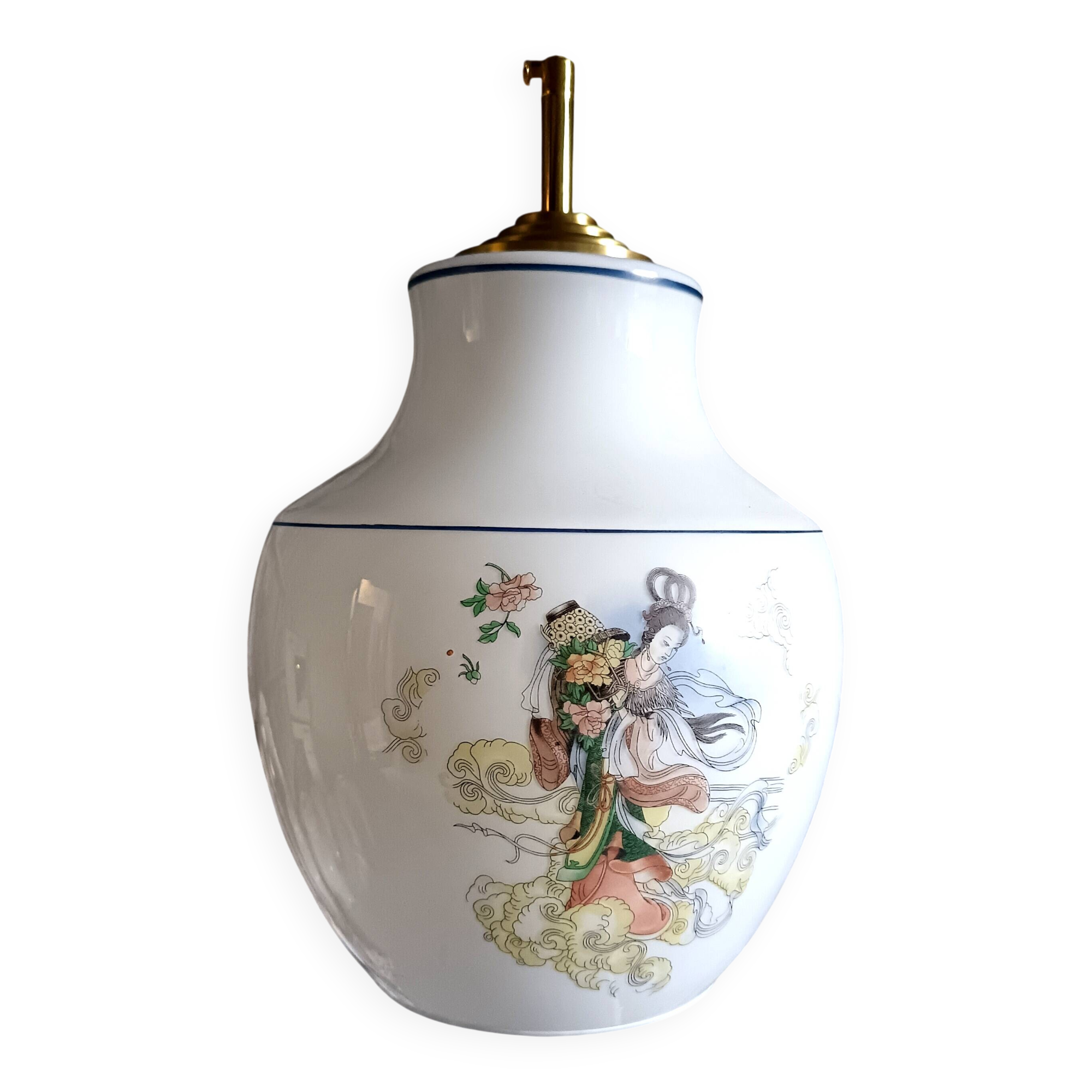Vintage opaline glass pendant, multicoloured geisha patterns 1960, Anouck