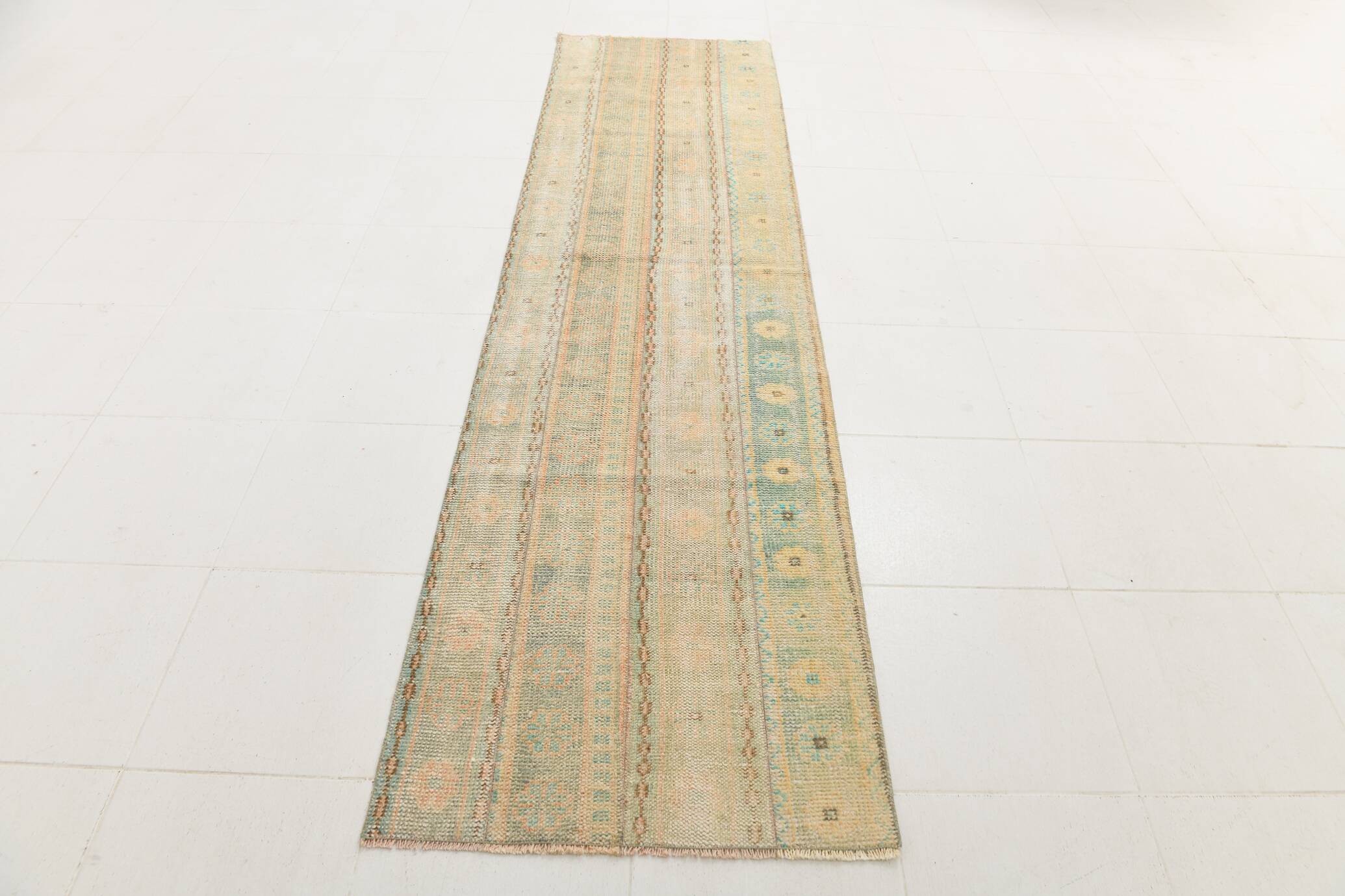 2x10 Vintage Brown & Cream Turkish Runner Rug, 80x306Cm