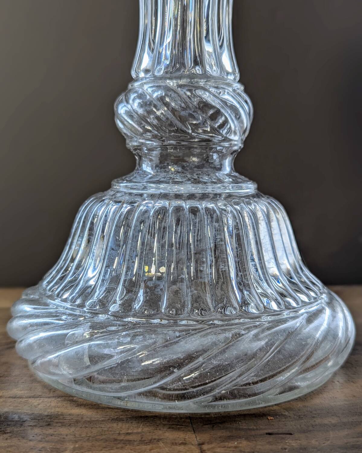 Legras candlestick in molded glass with faces in relief, vintage carafe