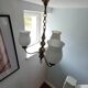 Three-light brass and opaline chandelier