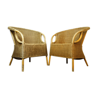 Pair of rattan skirt chairs - wicker