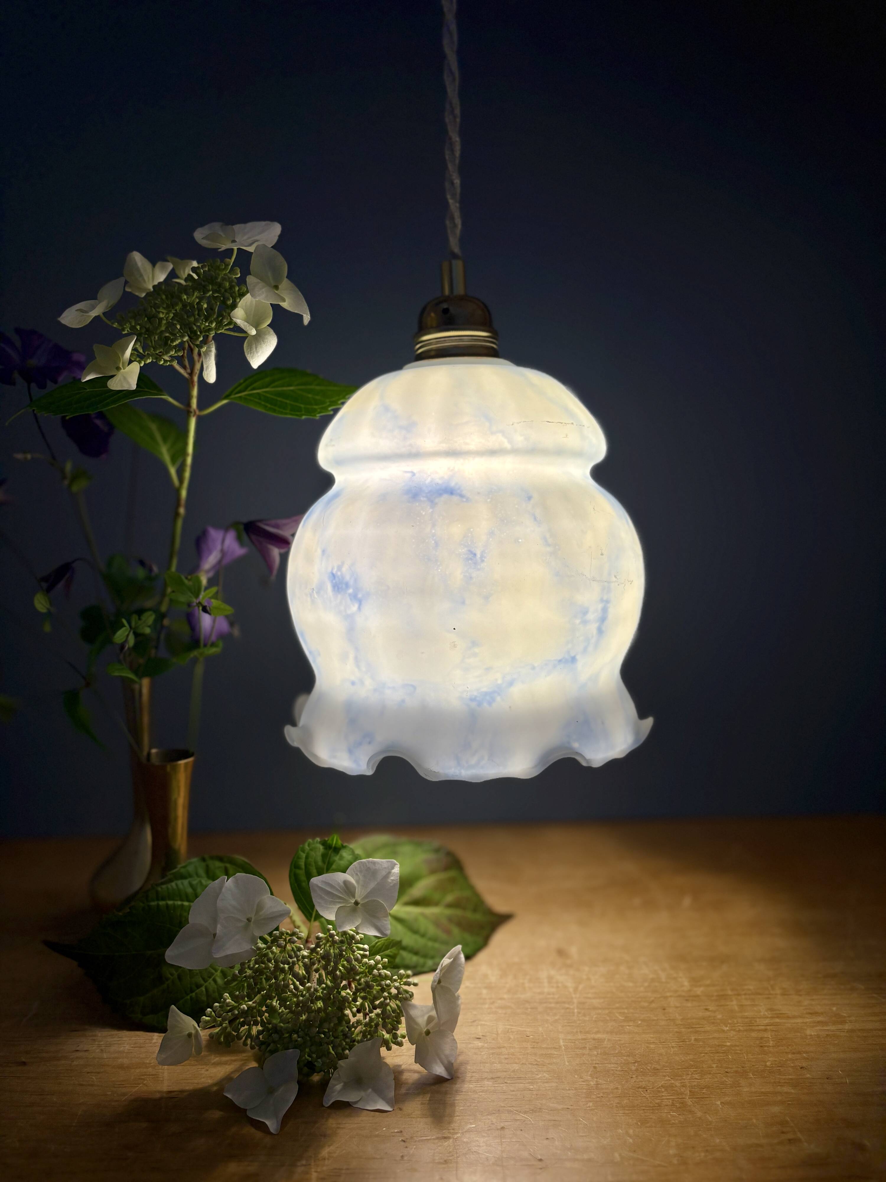 Vintage globe pendant light in white and blue opaline