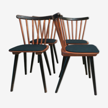 Ensemble de 4 chaises de salle à manger à dossier bâton avec couvercles bleu essence des années 1950