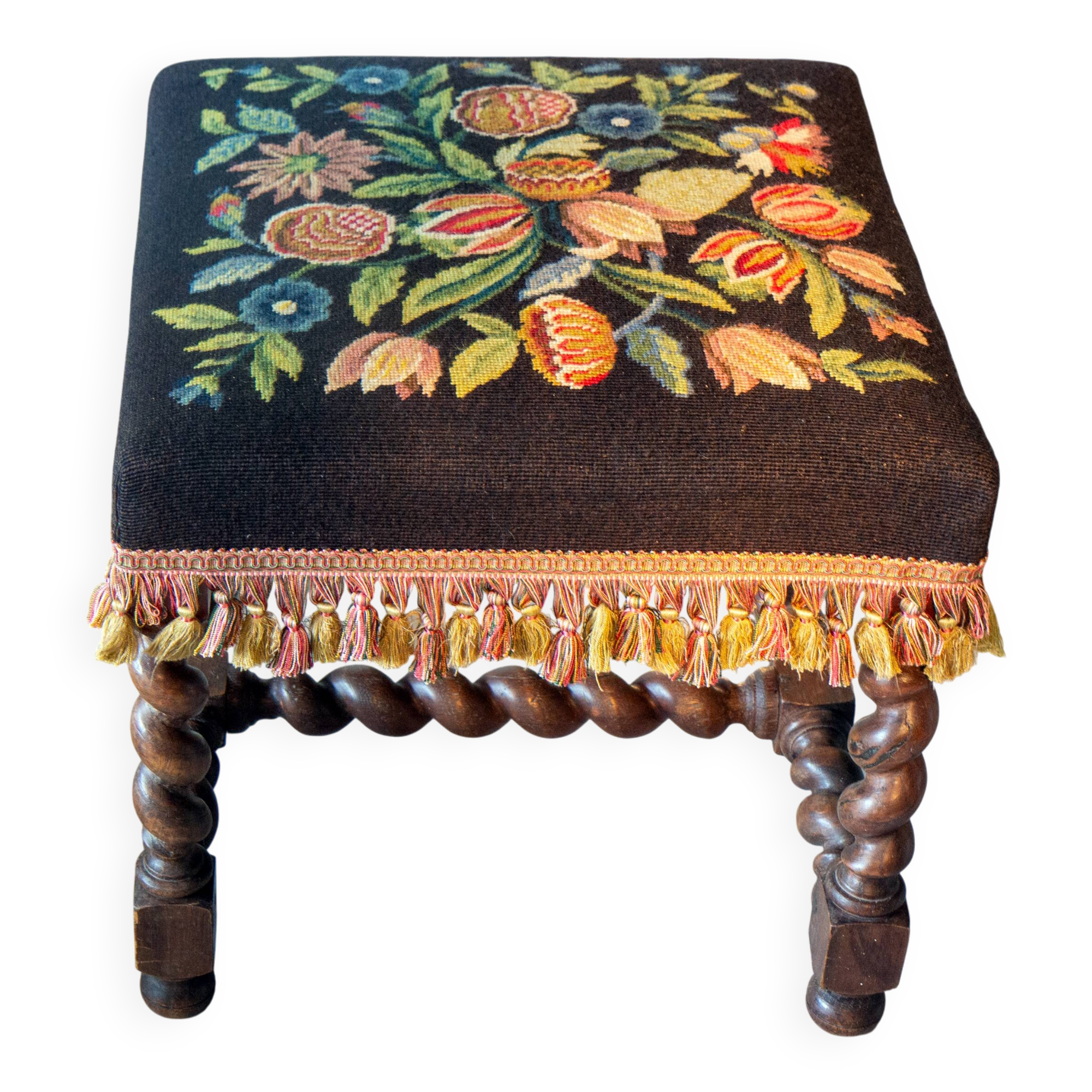 Tabouret ancien en noyer massif, Louis 13 tapisserie