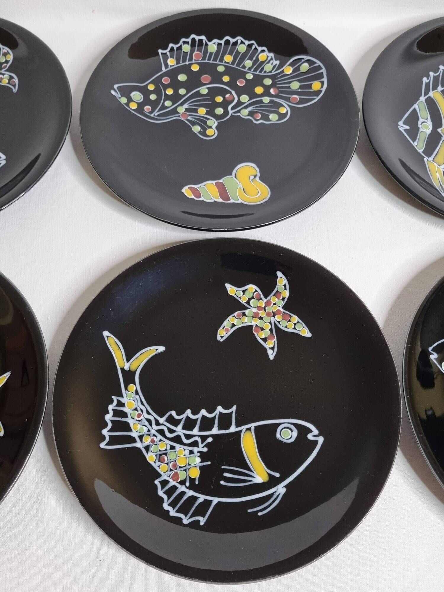 Set of 6 vintage plates with fish decoration after Robert Picault, 1960, 24 cm