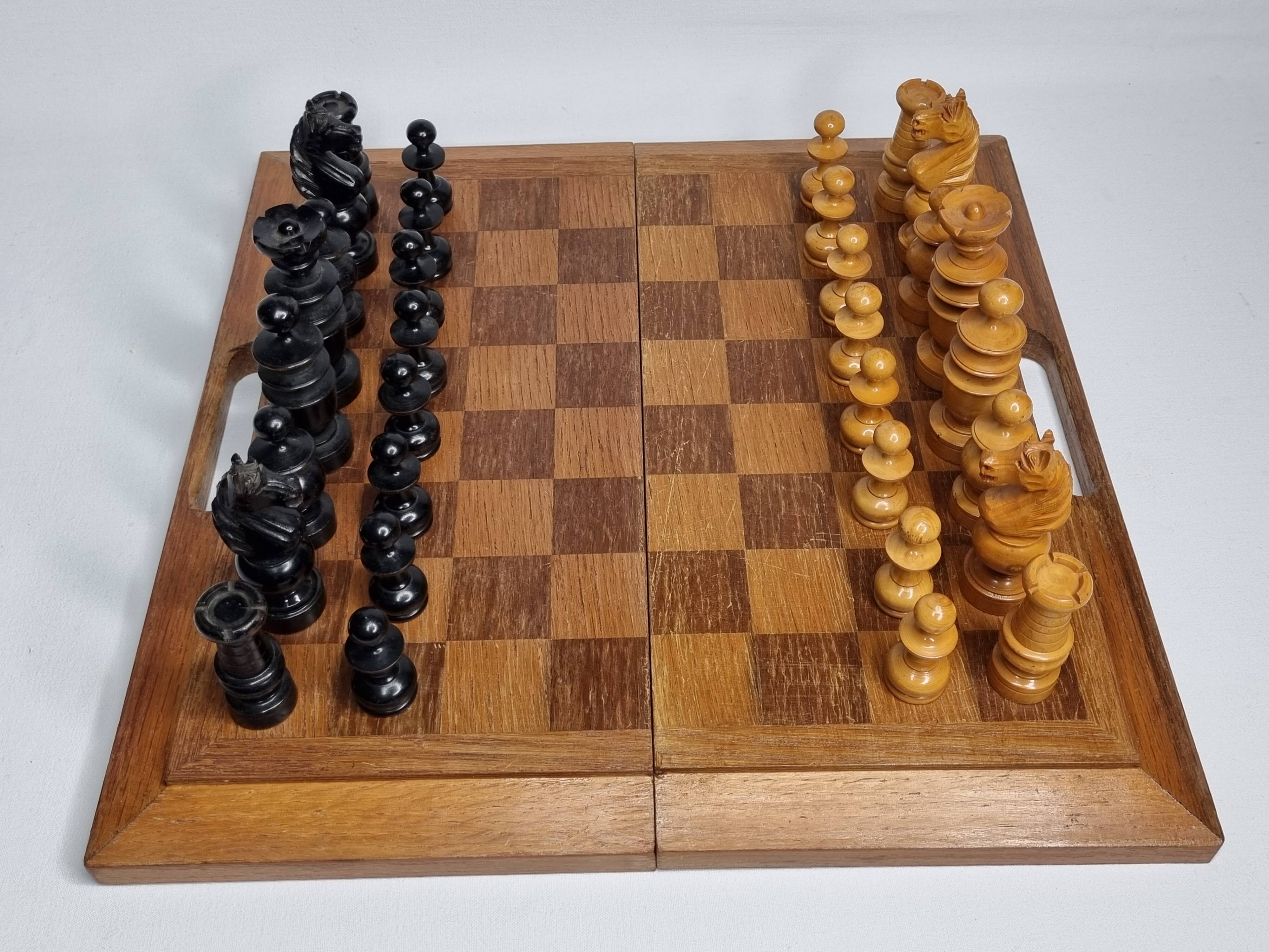 Vintage Solid Wood Folding Chess Set, Regency Bistro Style, Carved Turned Wood Pieces