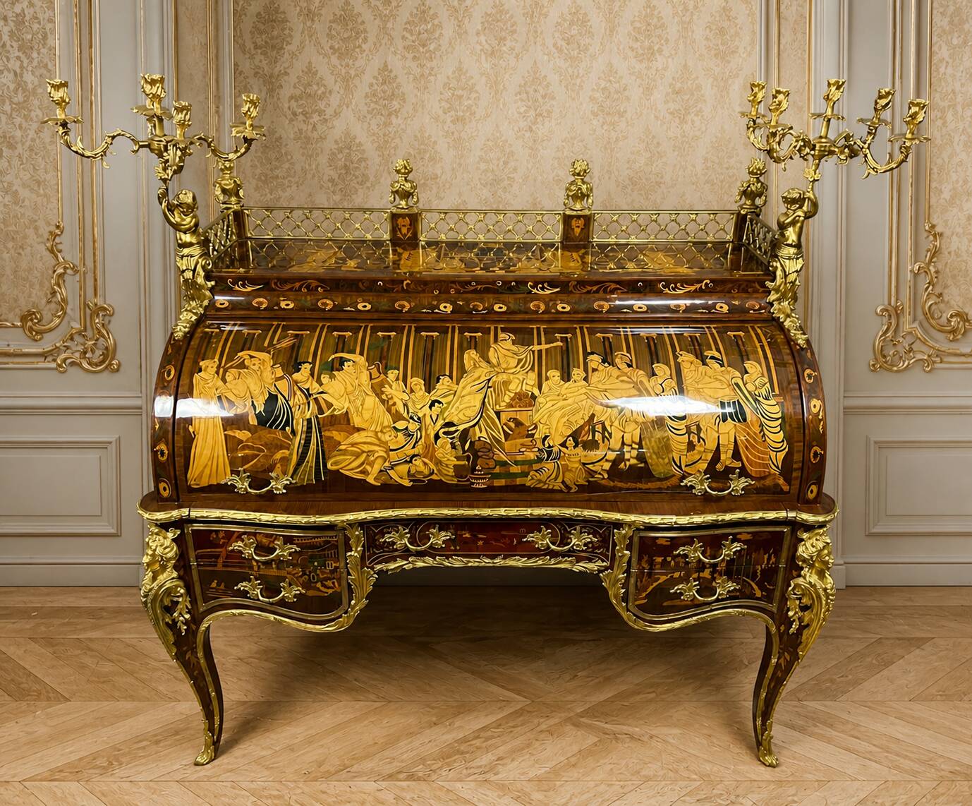 Important cylinder desk in richly marquetry Louis XV style.