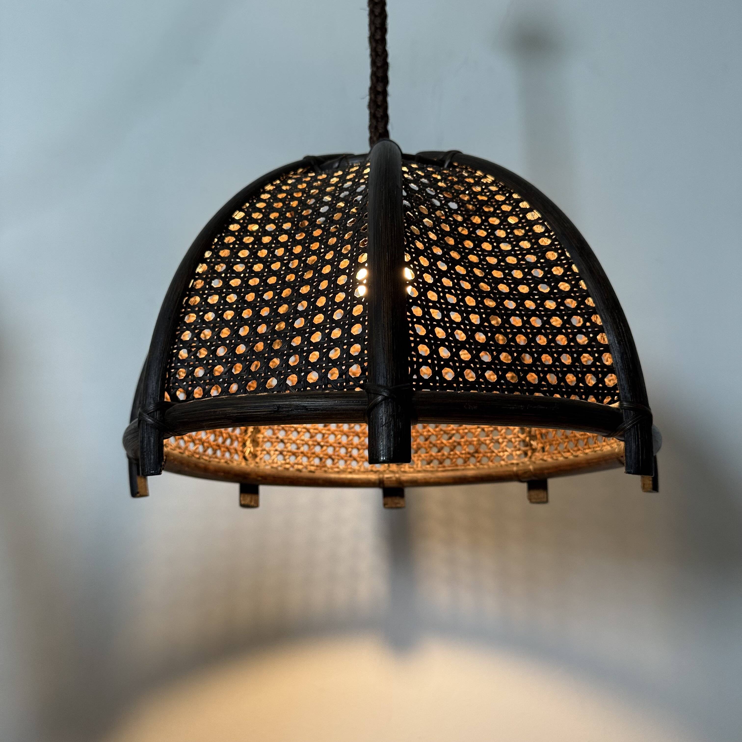 Vintage rattan and webbing hanging lamp 1970s retro