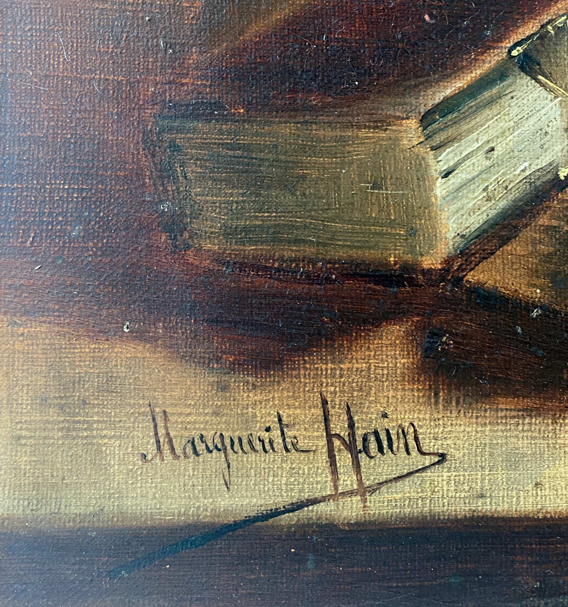 Painting "Still life Books and glasses" HST signed Marguerite Hain XIX° century