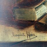 Painting "Still life Books and glasses" HST signed Marguerite Hain XIX° century