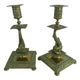 Pair of brass dolphin candlesticks, late 19th century, Napoleonic period