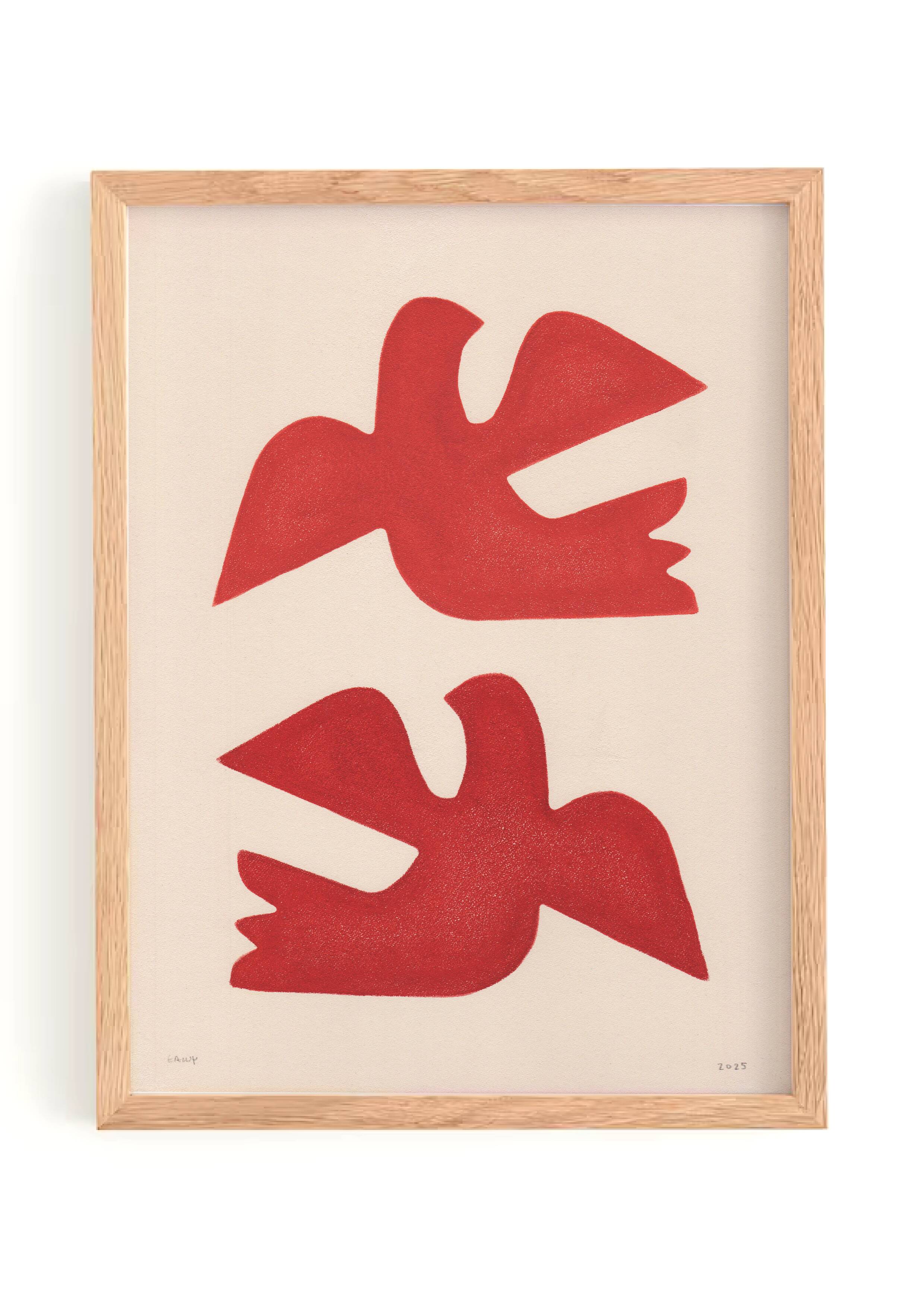 Painting of birds 30x40cm red on paper signed Eawy