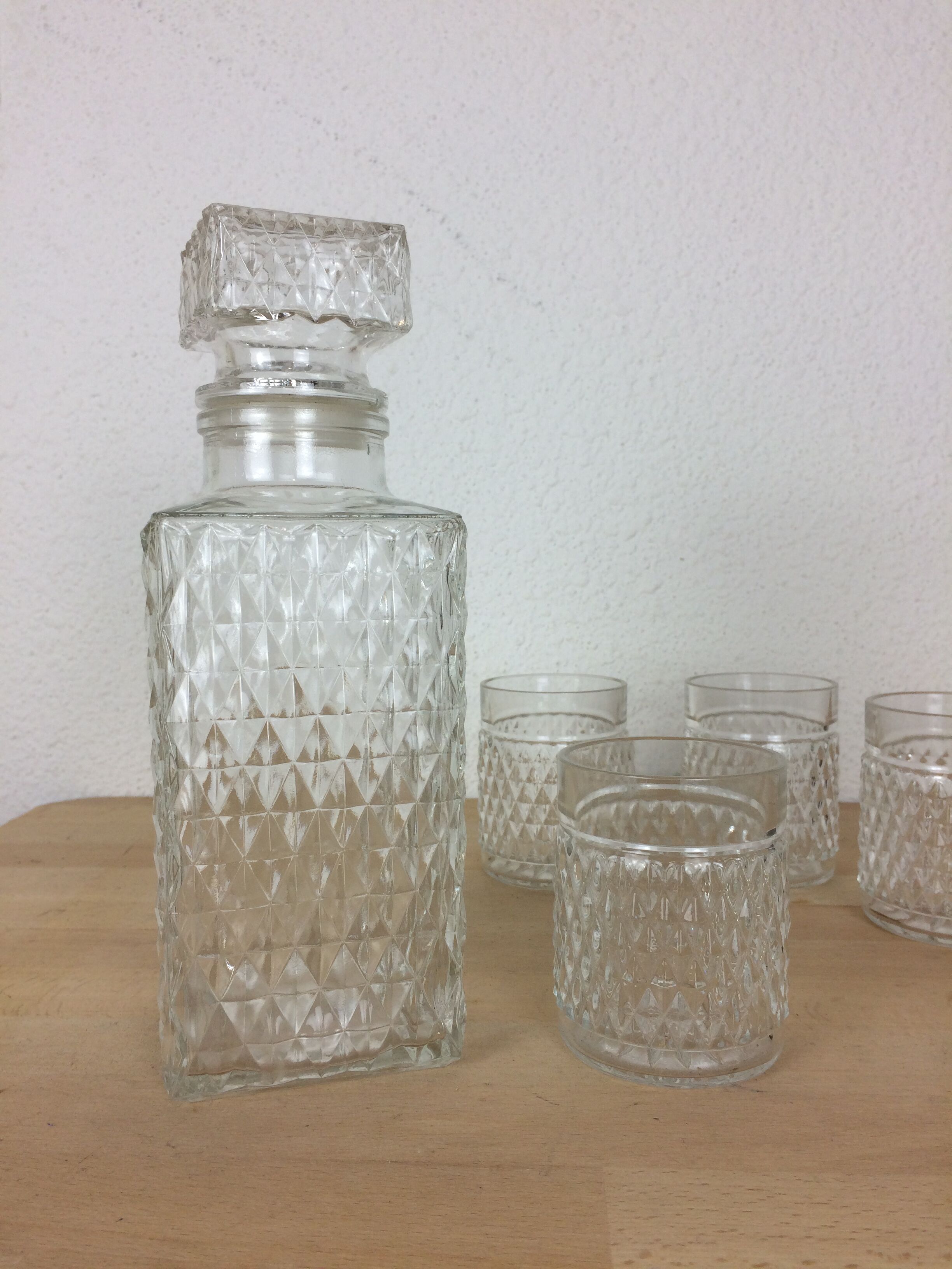 Whisky service in moulded glass, carafe and glasses