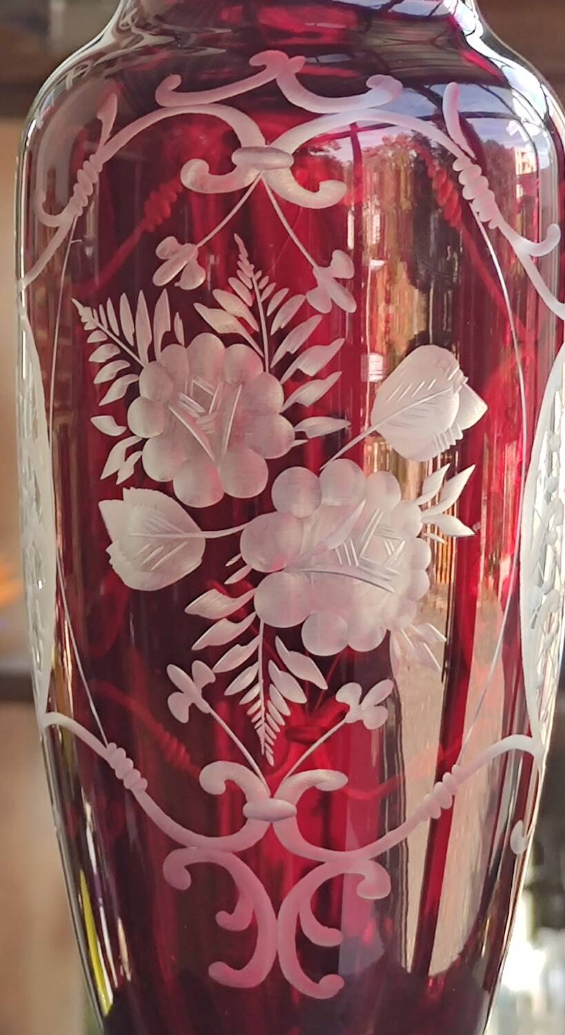 Old engraved red crystal vase