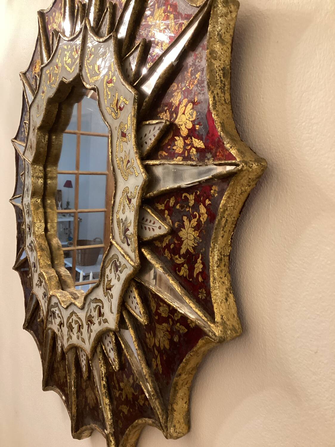 Miroir sunburst à fleurs année 1950