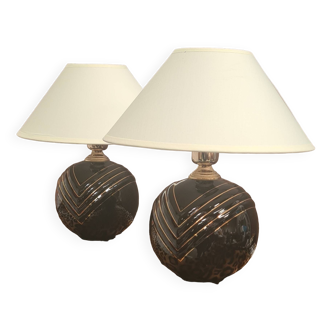 pair of black ceramic bedside lamp with veneered gold edging, 1975, new cream lampshade 30x33