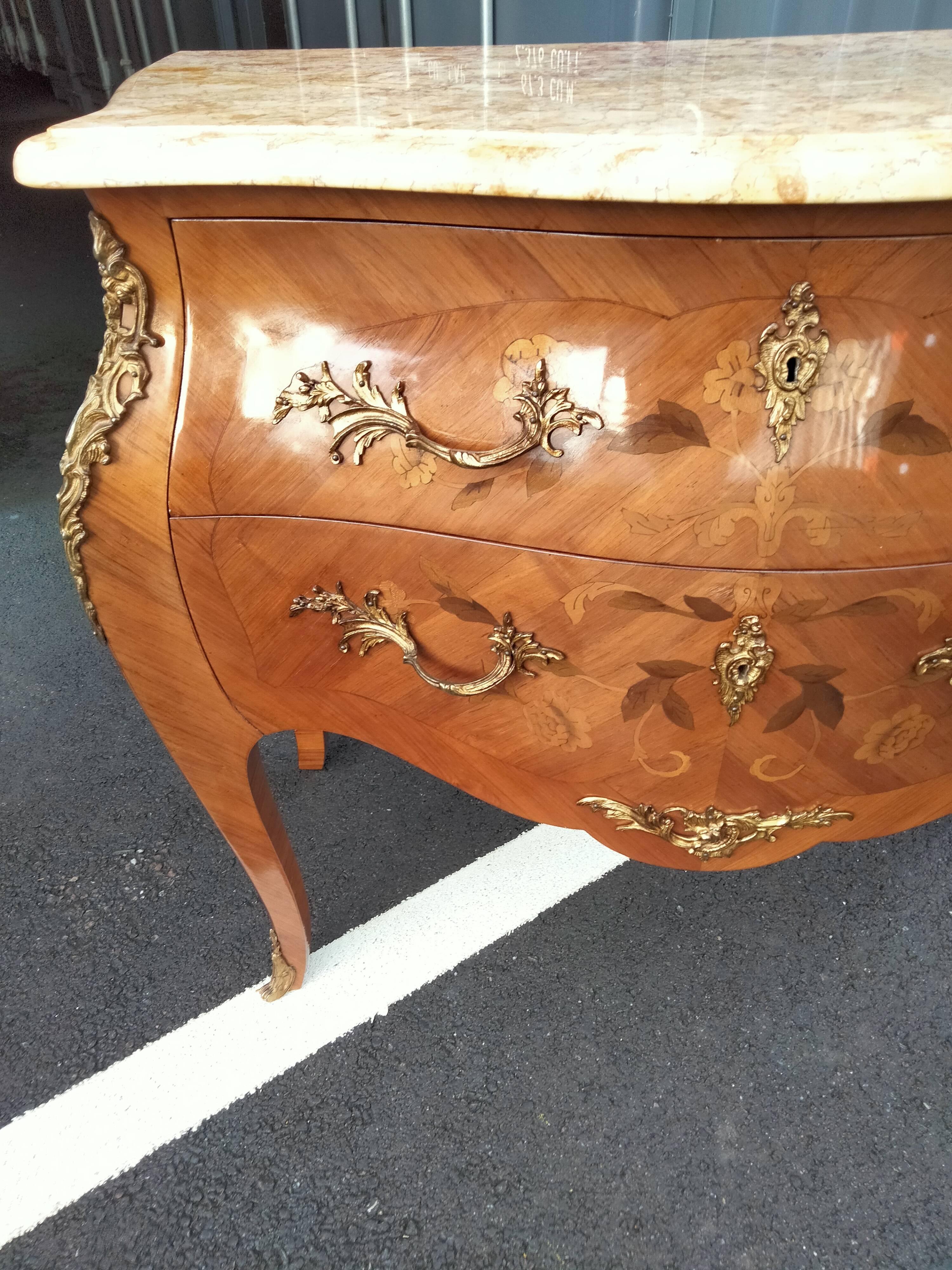 Commode ancien Louis XV marqueterie plateau marbre