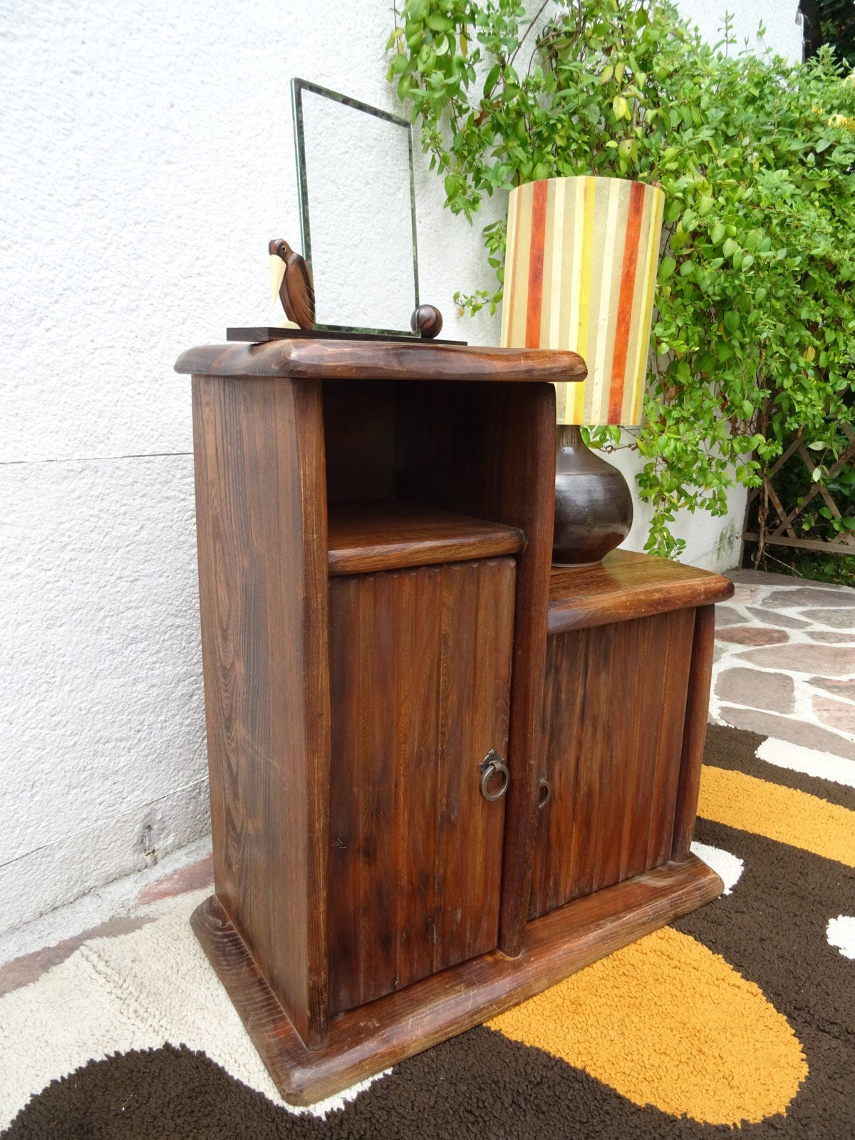 Asymmetrical brutalist furniture in solid elm