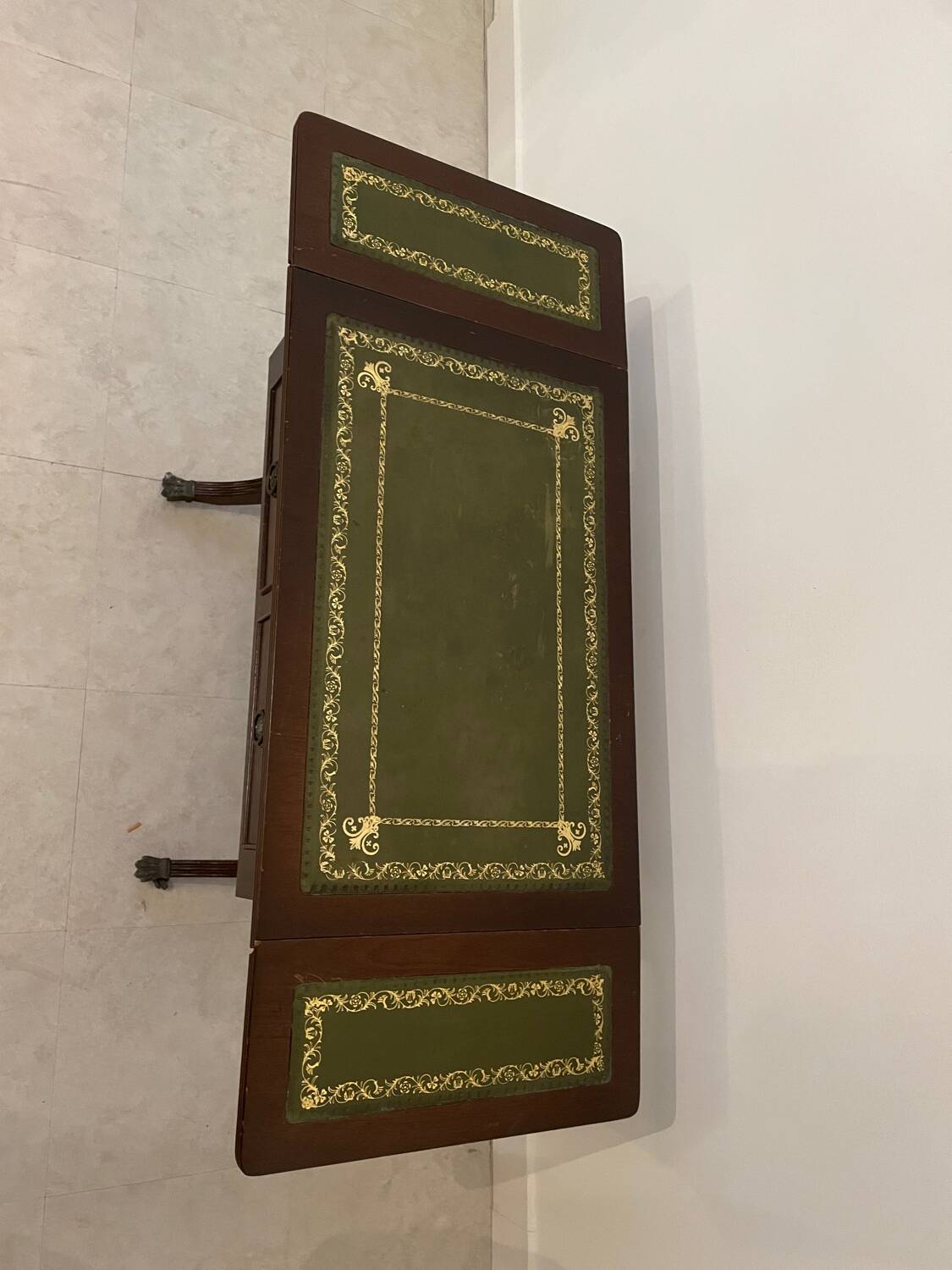 English coffee table with shutters and green leather top