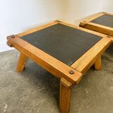 Vintage Pair of oak and slate brutalist end or coffee tables, France 1970s.