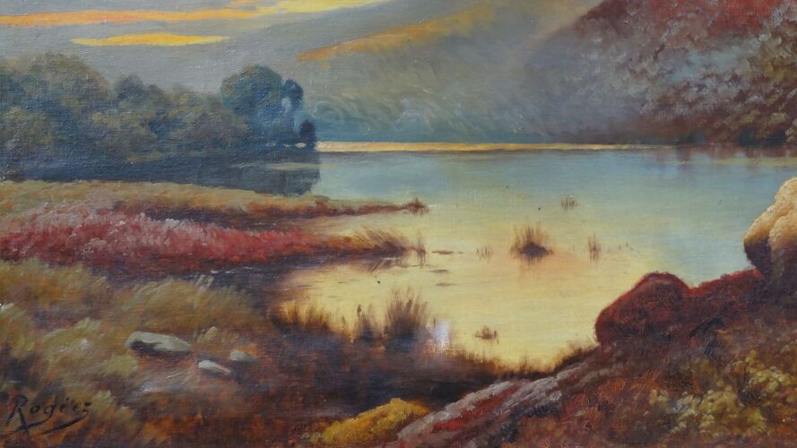 Huile sur toile Paysage animé bord de lac au crépuscule 120 x 60 cm signé Rogiez