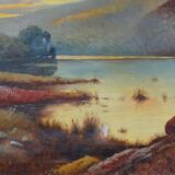 Oil on canvas Animated landscape by the lake at dusk 120 x 60 cm signed Rogiez