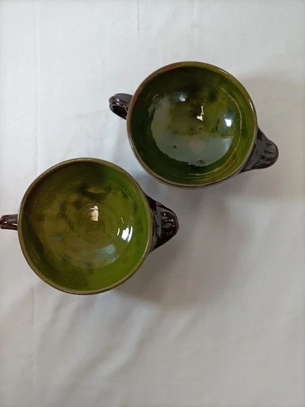 2 green glazed stoneware bowls with floral pattern – decorative tableware