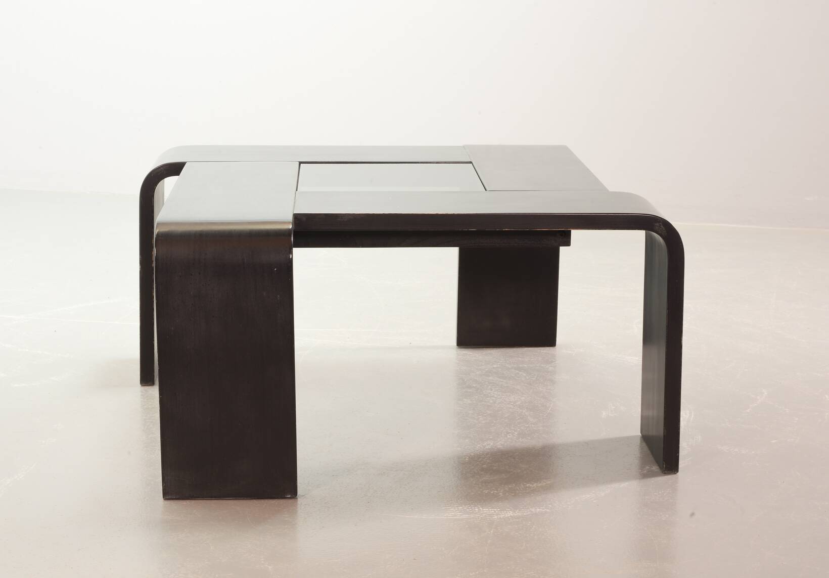 Square Black Lacquered Plywood Coffee Table with Smoked Glass Panel, 1970s