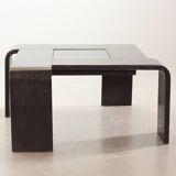 Square Black Lacquered Plywood Coffee Table with Smoked Glass Panel, 1970s