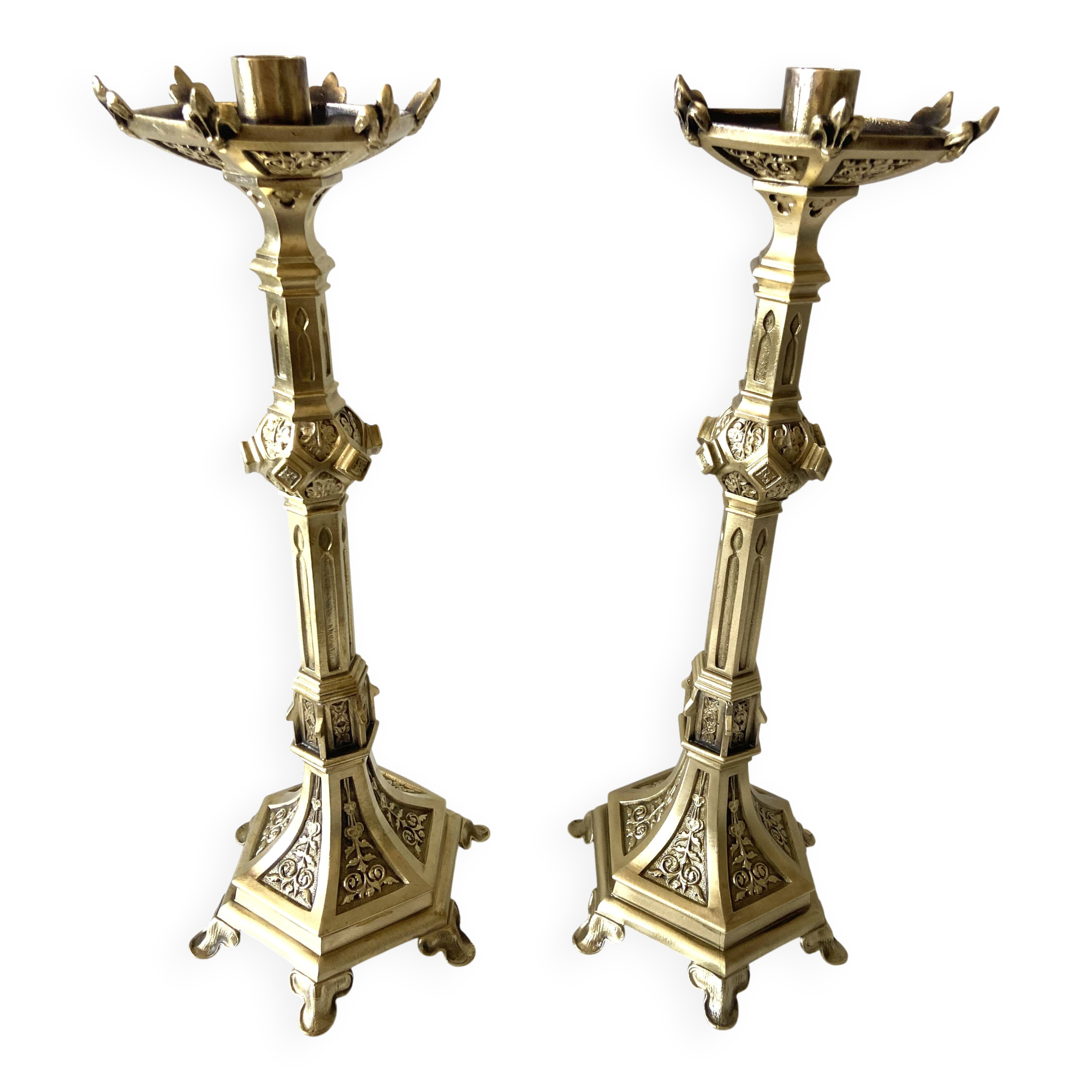 Pair of Antique Gothic Revival Candle Holders in Gold Bronze