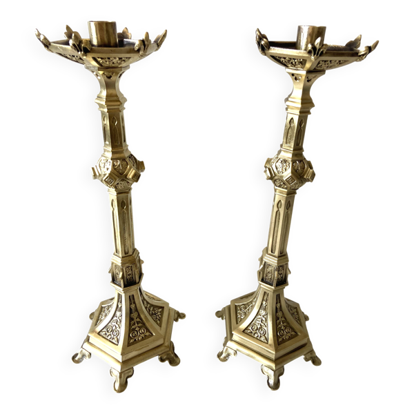 Paire d'Anciens Chandeliers Bougeoirs Porte-Bougies Néo-Gothique Bronze Or