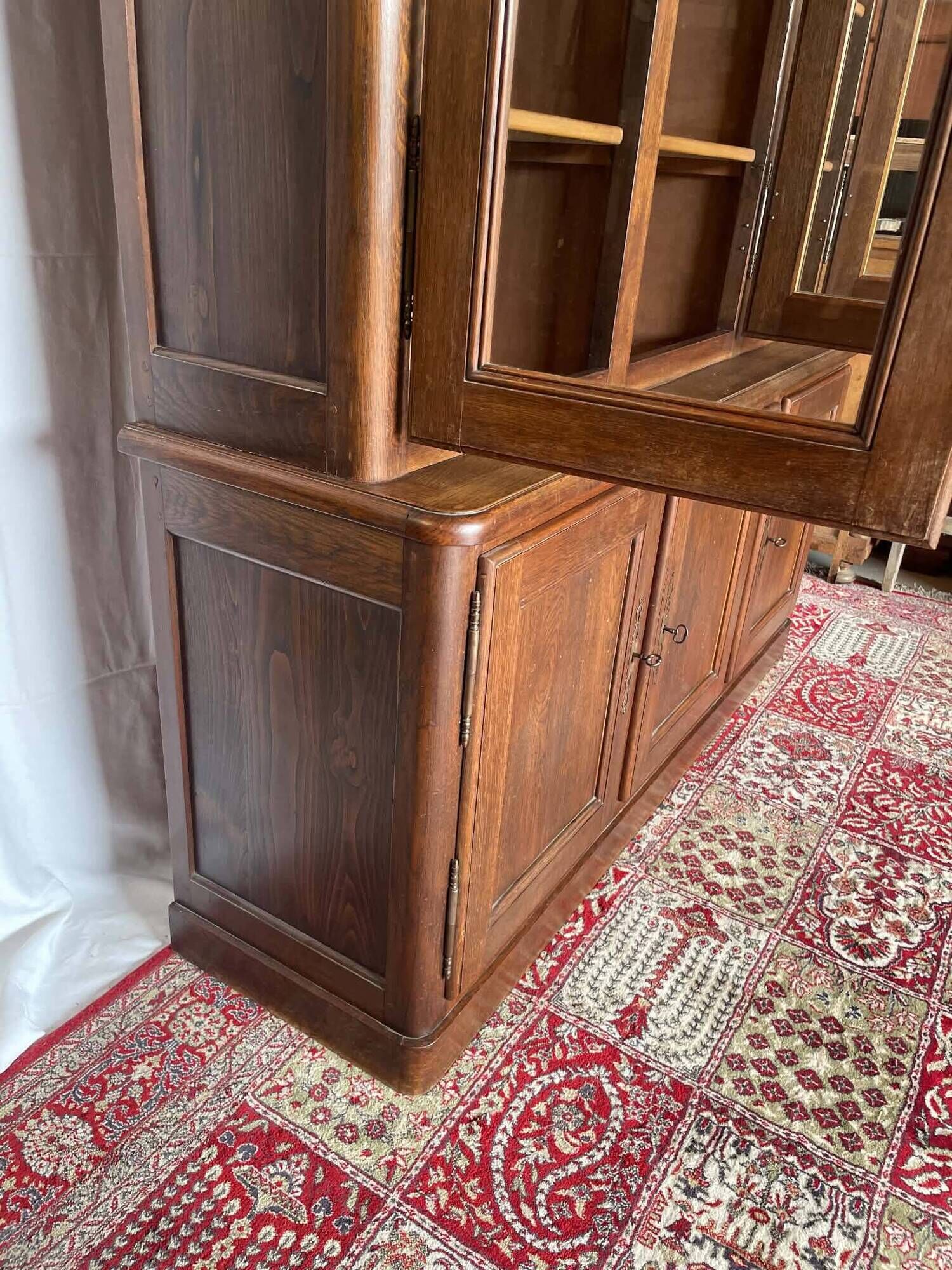 Large antique two-body library in solid oak – 3 glass doors
