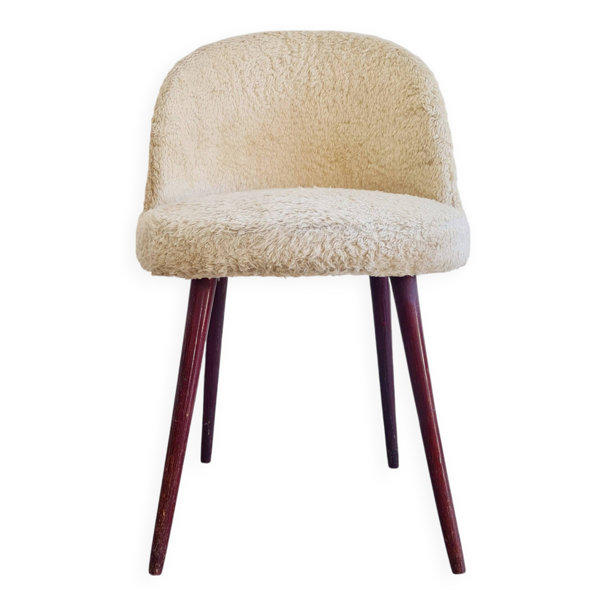 Chaise moumoute tonneau vintage pieds compas